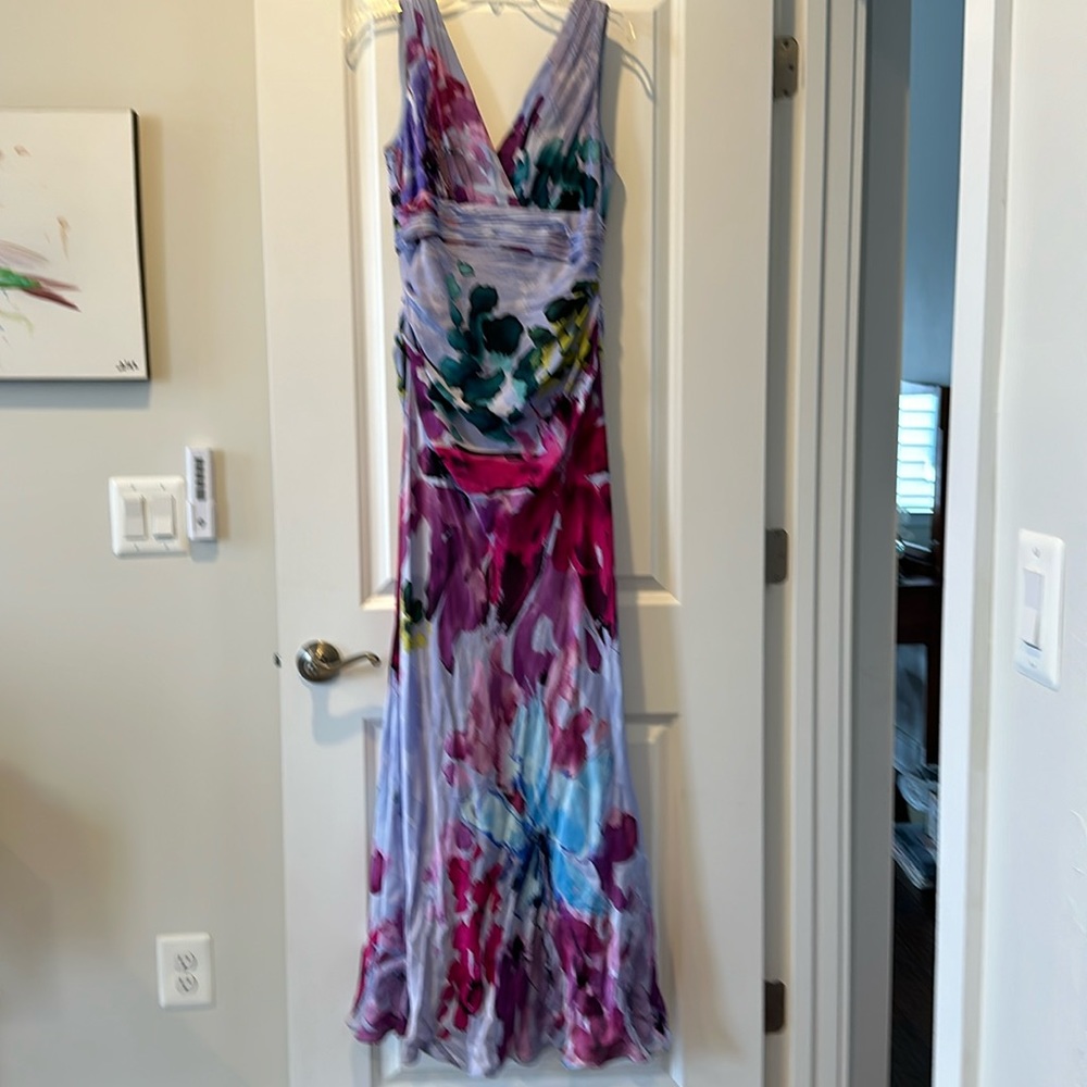 Beautiful floor length watercolor Mother of the Bride dress by Kay Unger.